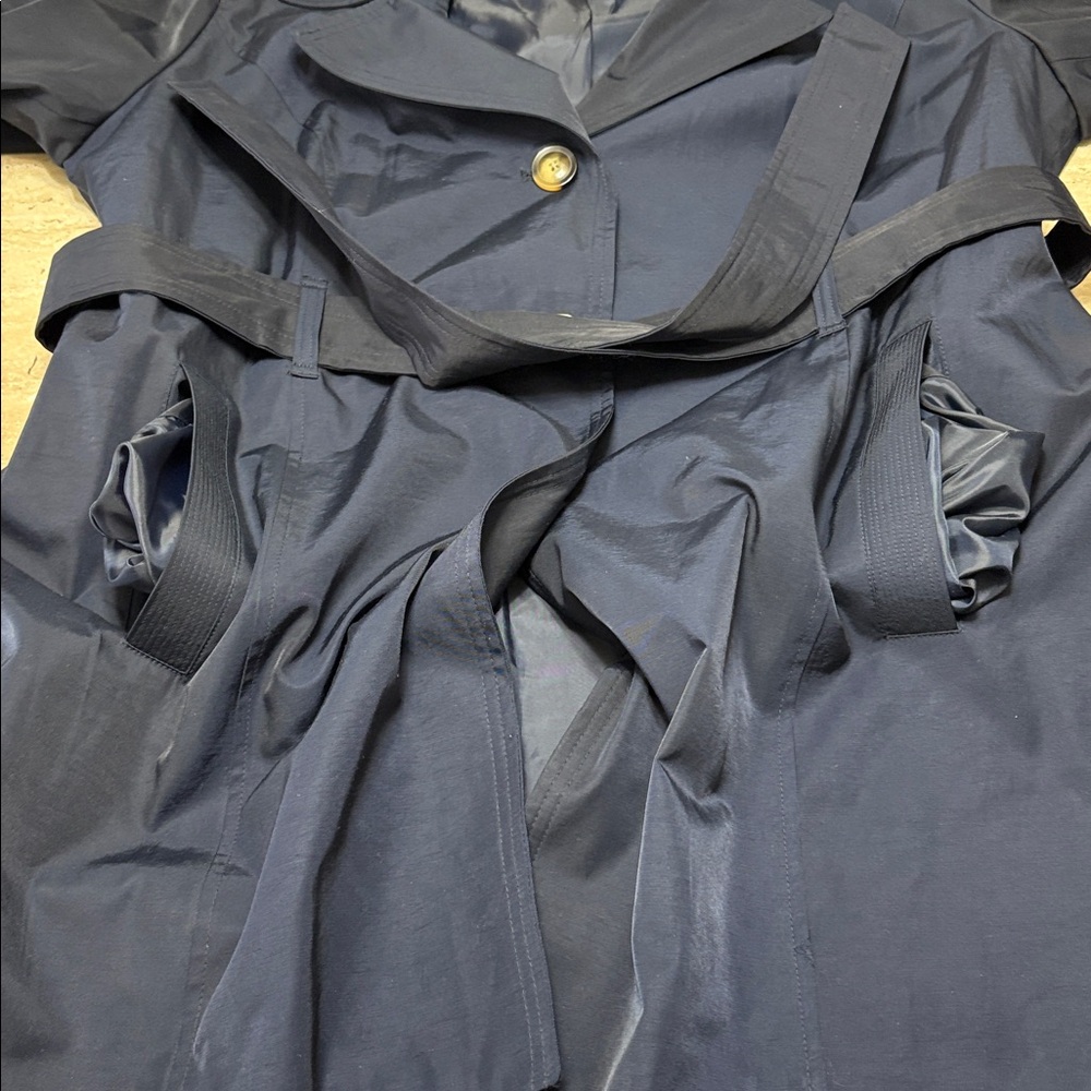 NWOT Navy London Fog light weight Trench Coat with detachable hood, no flaws. - Picture 14 of 16